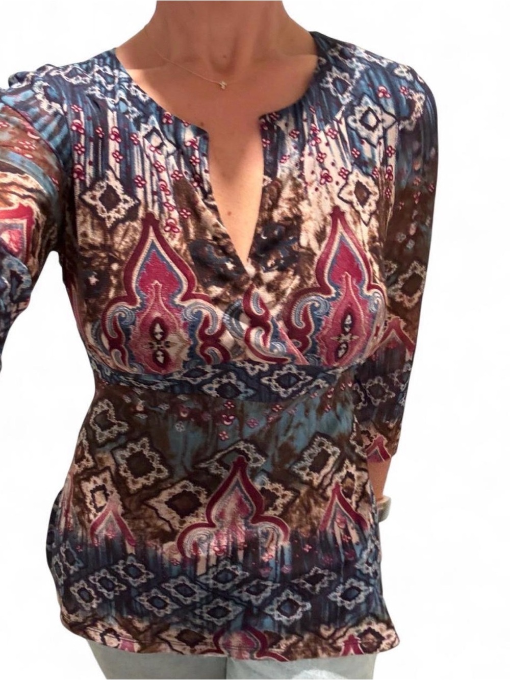 INC vintage  V-Neck Tunic Top mesh sleeves